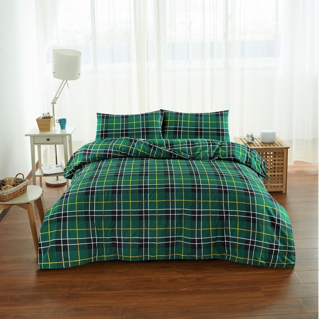 Flannelette Tartan Thermal 100% Brushed Cotton Quilt Duvet Cover Cosy Bed Set