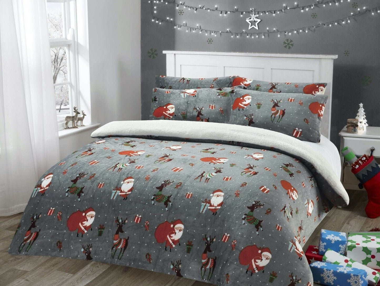 Teddy Fleece Duvet Cover Set Printed Star Stag Quilt Warm Cosy Winter Bedding