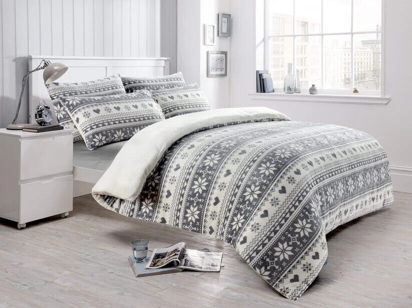 Teddy Fleece Duvet Cover Set Soft Printed Stars Stag Quilt Warm Winter Bedding