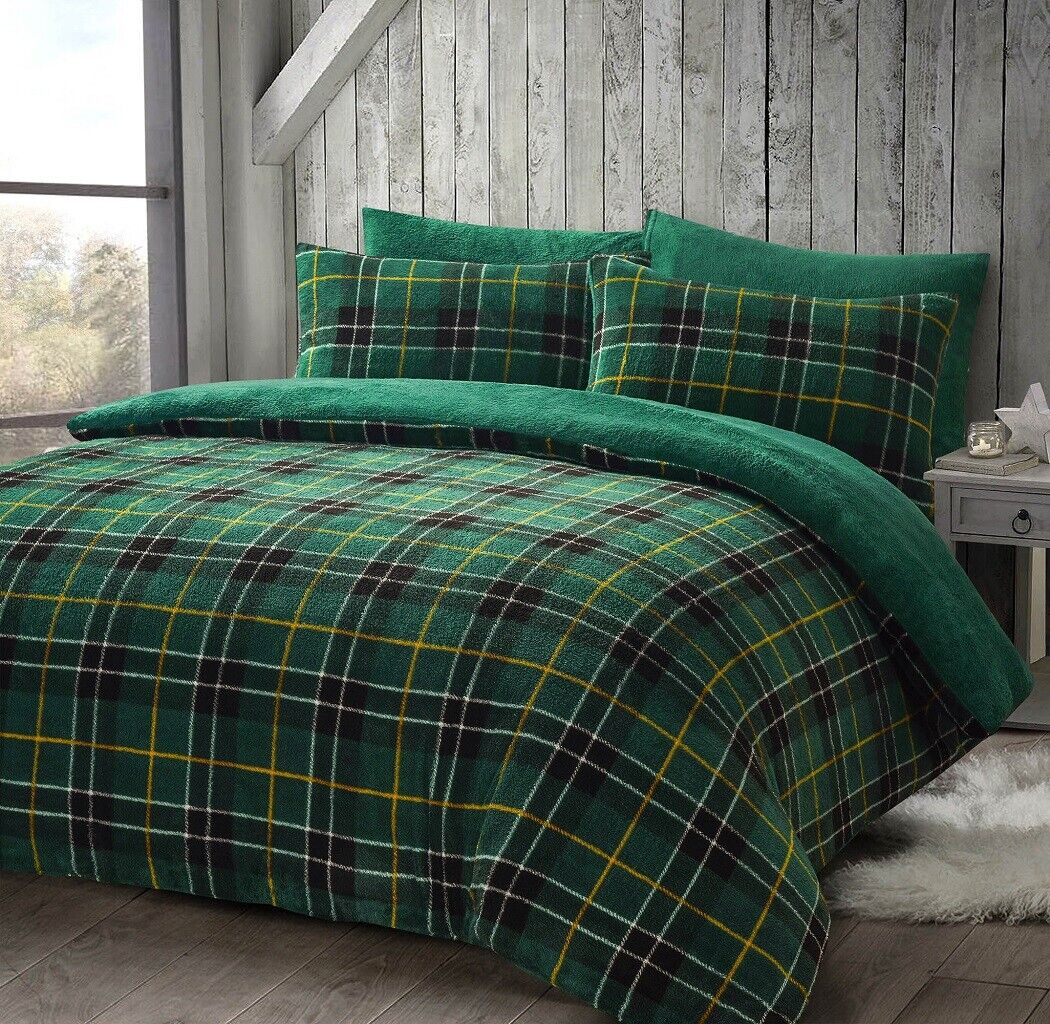 Teddy Fleece Tartan Check Duvet Cover Set Warm Teddy Bear Fleece Bedding Set