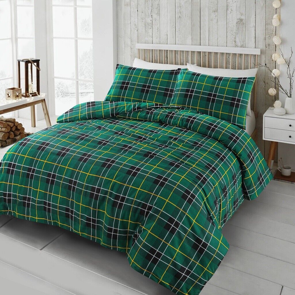 Flannelette Tartan Thermal 100% Brushed Cotton Quilt Duvet Cover Cosy Bed Set