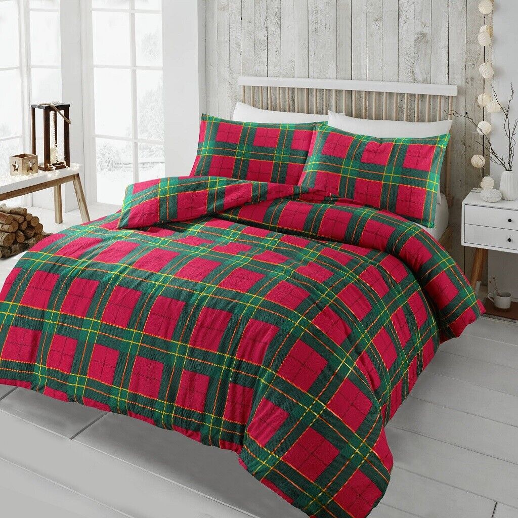 Flannelette Tartan Thermal 100% Brushed Cotton Quilt Duvet Cover Cosy Bed Set