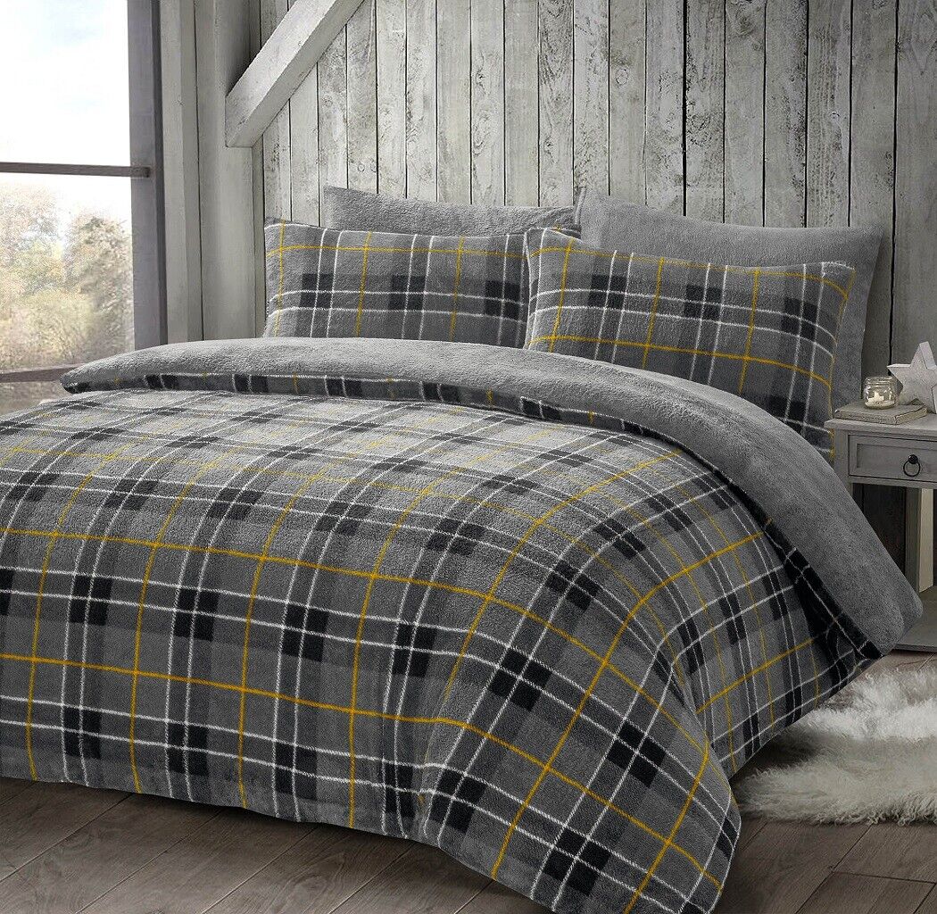 Teddy Fleece Tartan Check Duvet Cover Set Warm Teddy Bear Fleece Bedding Set