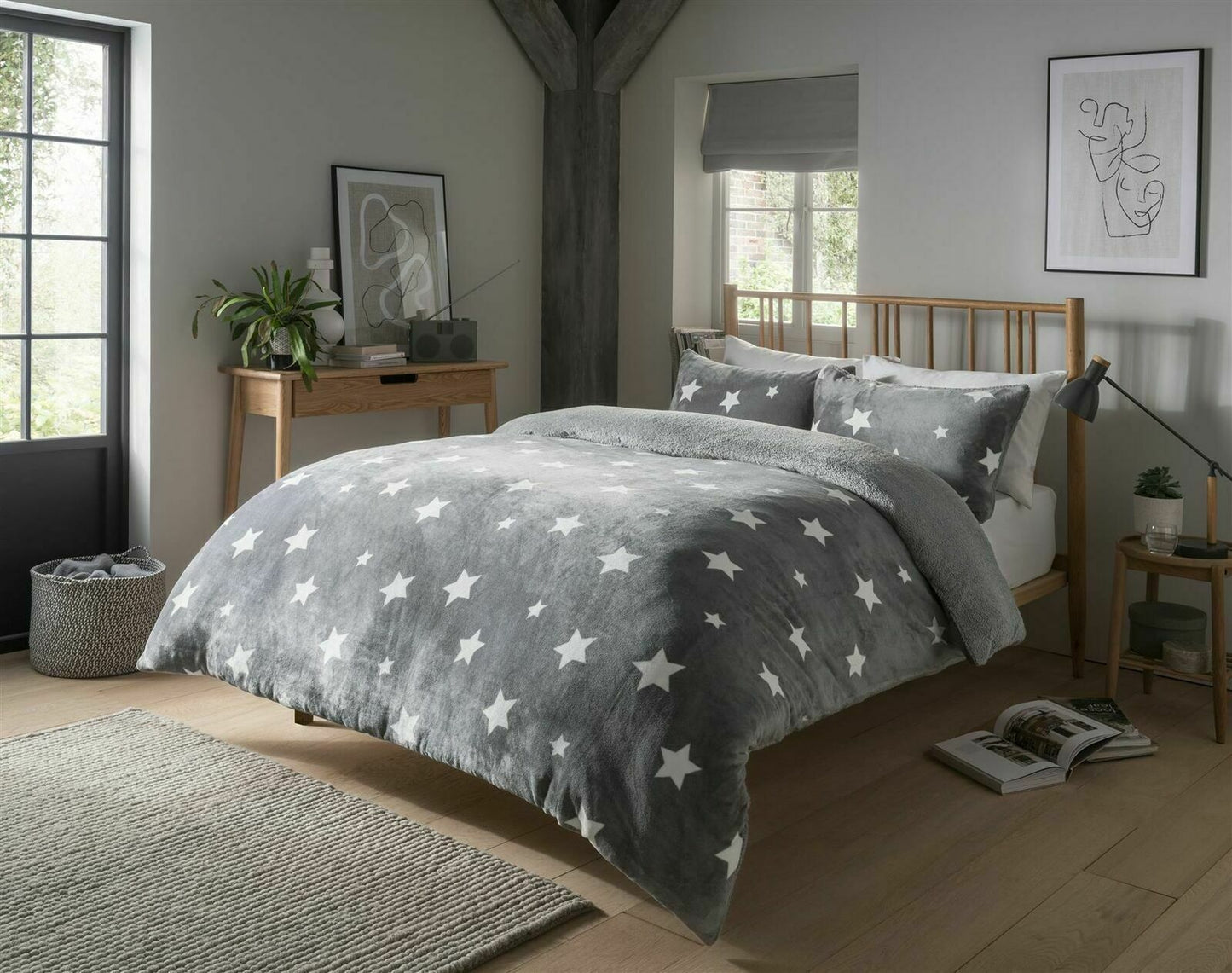 Teddy Fleece Duvet Cover Set Soft Printed Stars Stag Quilt Warm Winter Bedding