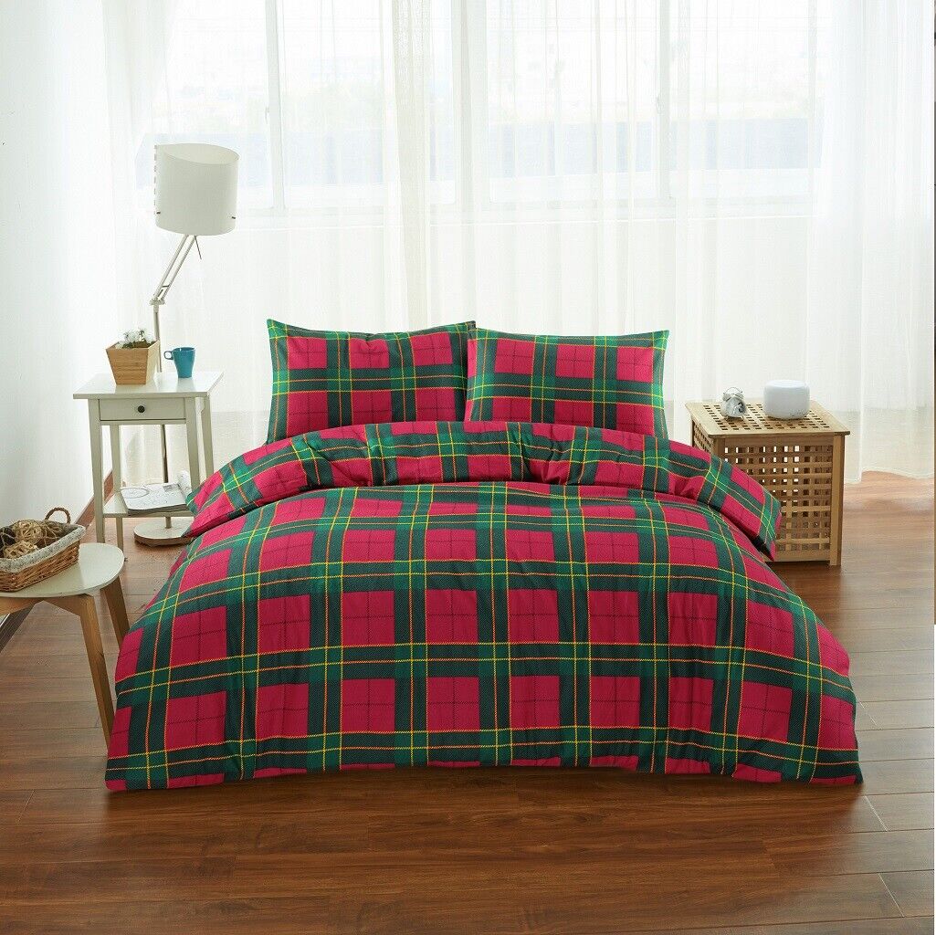 Flannelette Tartan Thermal 100% Brushed Cotton Quilt Duvet Cover Cosy Bed Set