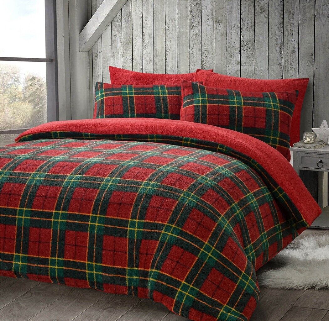 Teddy Fleece Tartan Check Duvet Cover Set Warm Teddy Bear Fleece Bedding Set