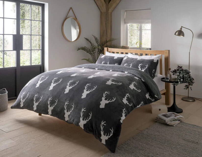 Teddy Fleece Duvet Cover Set Soft Printed Stars Stag Quilt Warm Winter Bedding